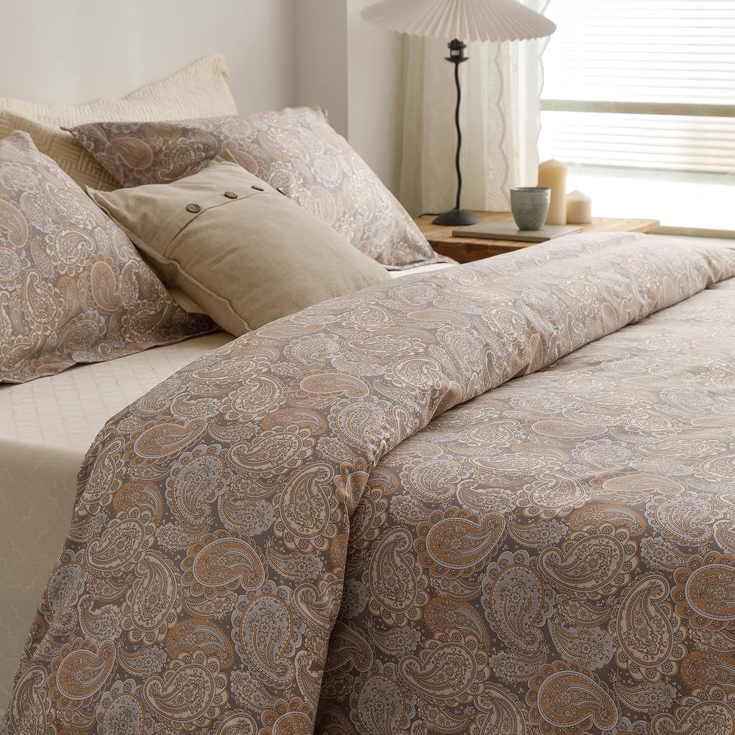 HeimenAogo Egyptian Cotton Duvet Cover Queen Size Sateen Weave, Silky Soft Boho Duvet Cover Zipper Closure, Long Staple Cotton Bed Linen Paisley Pattern 3Pcs