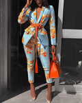 Women's Fashionable Floral Blue And Orange Suit Suit