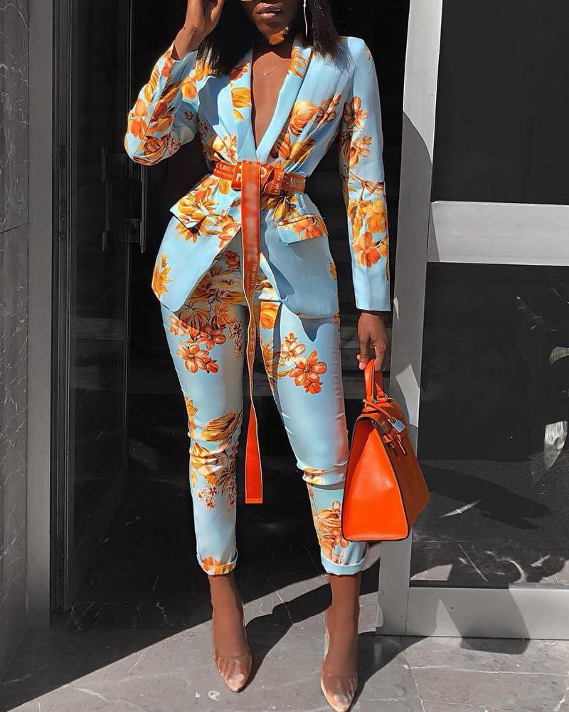Women's Fashionable Floral Blue And Orange Suit Suit
