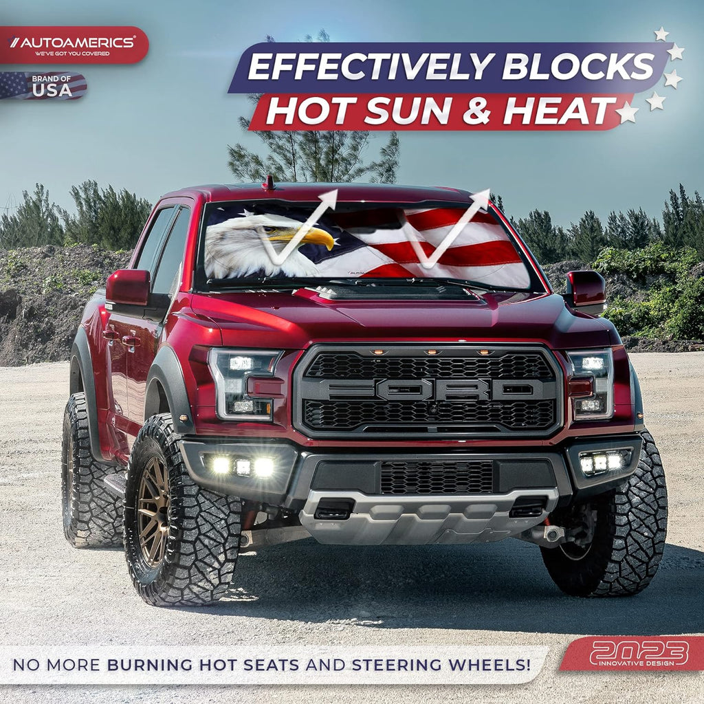 Autoamerics 1-Piece Windshield Sun Shade American Eagle Flag - 3 USA Patriotic  - Foldable Car Front Window Sunshade for Sedans SUV Truck - Blocks Max UV Rays and Keeps Your Vehicle Cool Small