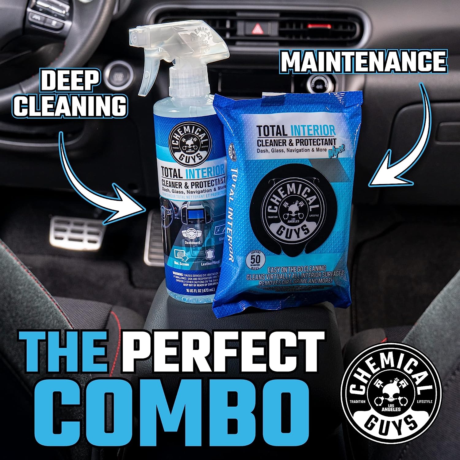 Chemical Guys PMWSPI22050 Total Interior Cleaner &amp; Protectant Wipes Mega 50 Pack, Safe for Cars, Trucks, SUVs, Jeeps, Motorcycles, RVs &amp; More ( 50 Ct)