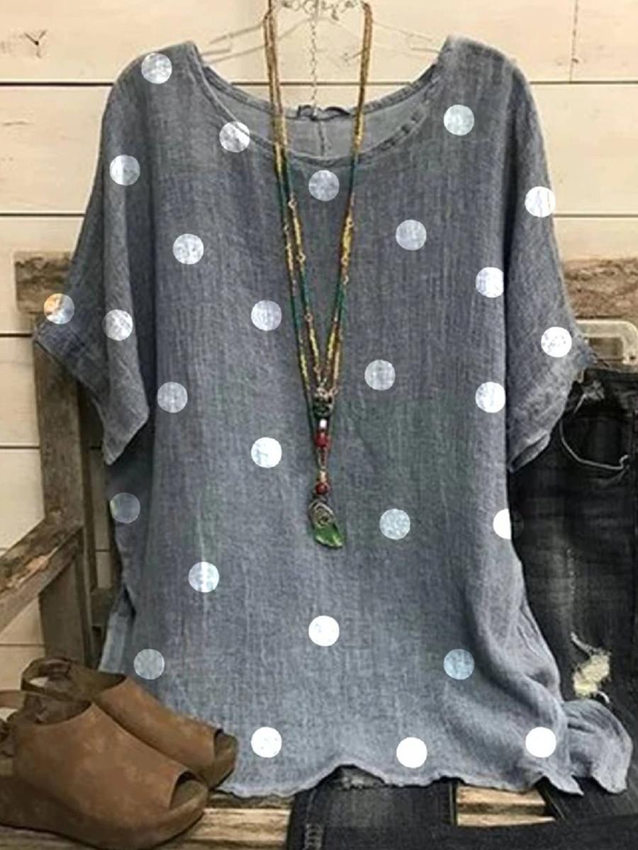Round Neck Loose Polka Dot Cotton And Linen Short Sleeve Blouse