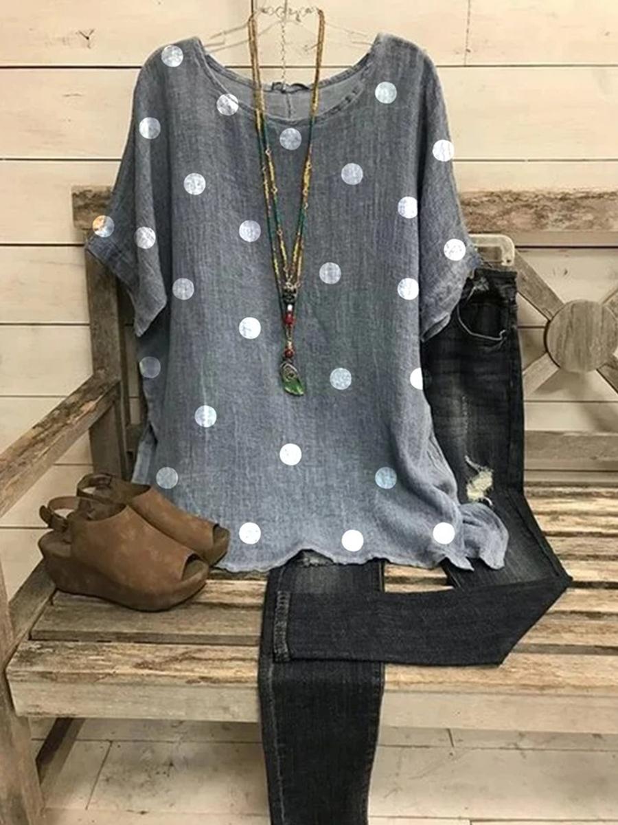 Round Neck Loose Polka Dot Cotton And Linen Short Sleeve Blouse