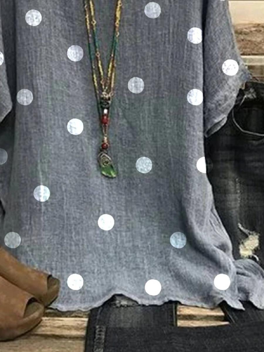 Round Neck Loose Polka Dot Cotton And Linen Short Sleeve Blouse
