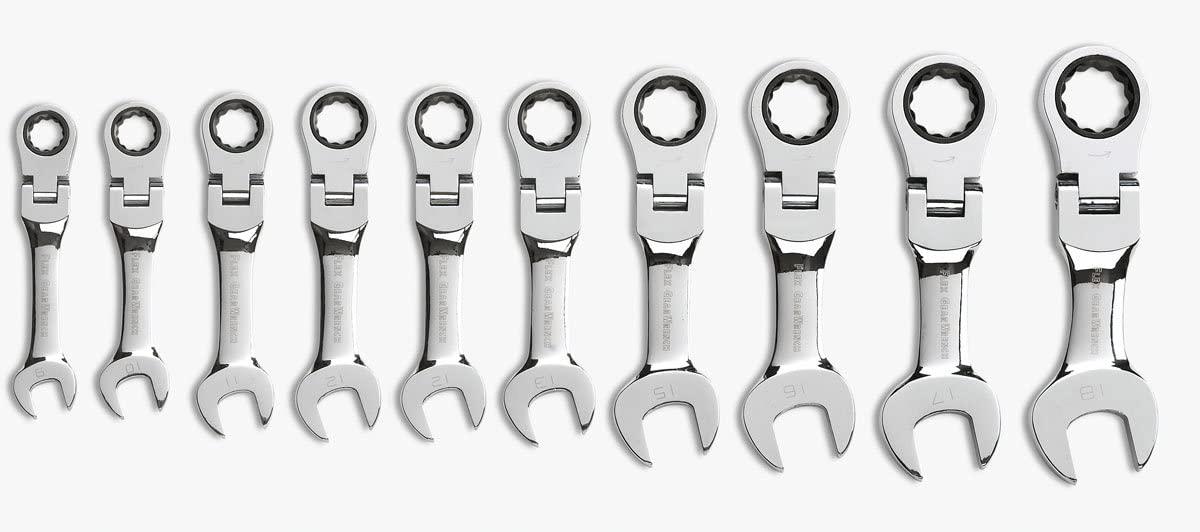 GEARWRENCH 10 Pc. 12 Pt. Stubby Flex Head Ratcheting Combination Wrench Set, Metric - 9550