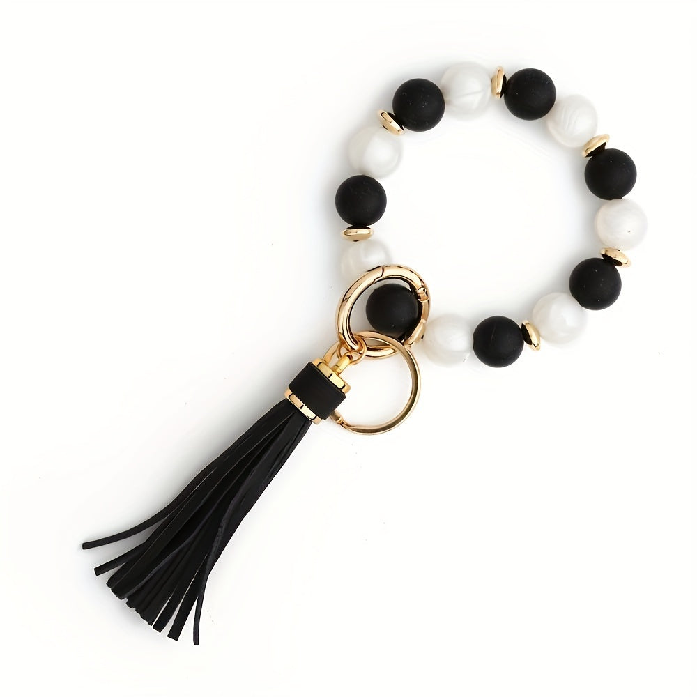 Silicone Beaded Bracelet Keychain, Key Ring Bangle Wristlet Keychain With Faux Leather Tassel For Women/Girls