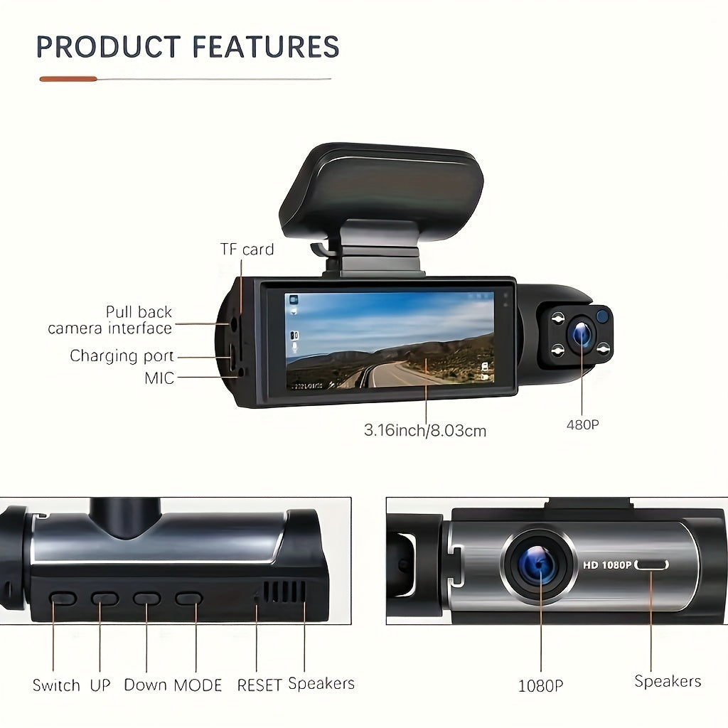 Dash Camera Front And Inside, 3.16inch Dash Cam 1080P, G Sensor HD Night Vision Loop Recording Wide Angle Car DVR