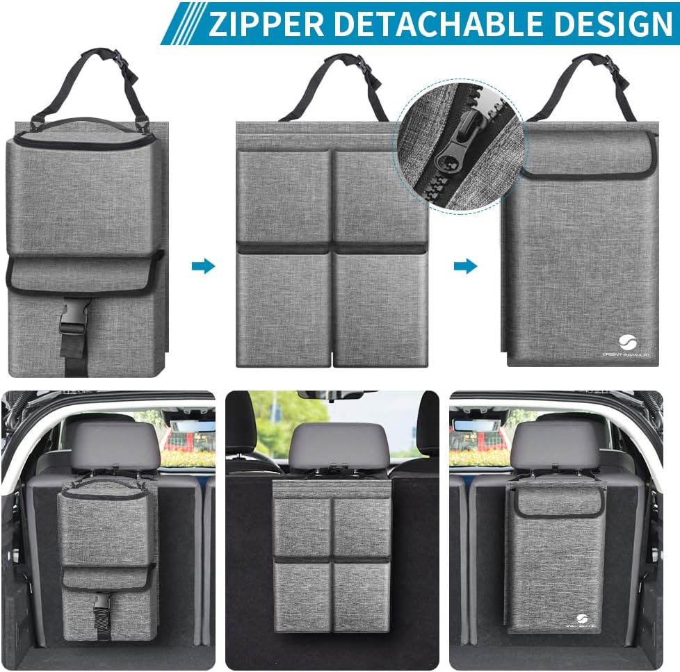 Car Trunk Organizer with Cooler, Hanging Car Organizers and Storage with Large Pockets, Zippers Detachable Seat Back Organizers Storage, Waterproof Car Storage Trunk Organizer for Jeeps, SUVs, Grey