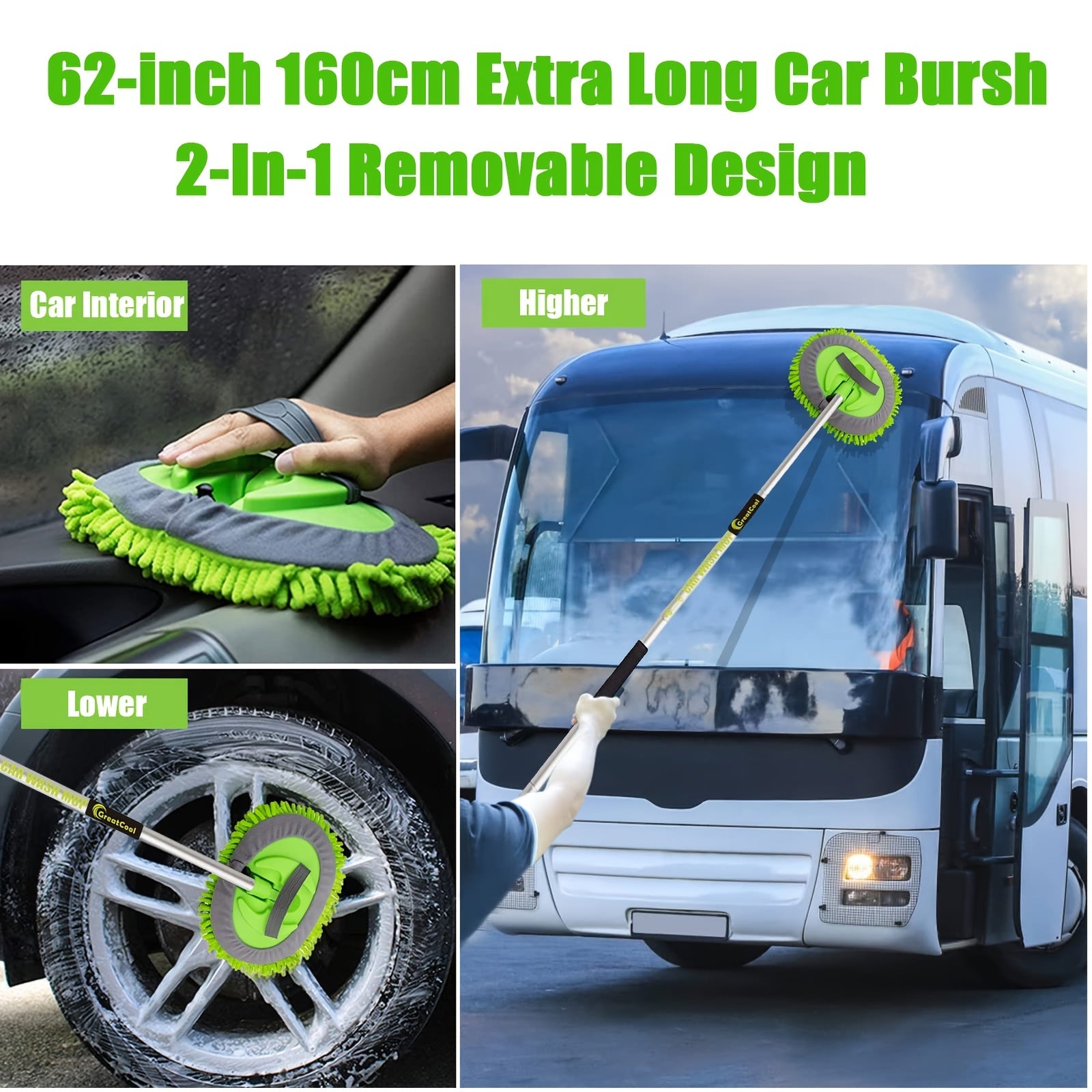 62" Car Wash Brush Kit With Long Handle, Scratch Mop Cleaning Mitt Suitable For Washing Cars Truck SUV RV Caravans And Household(2 X Mop Head)