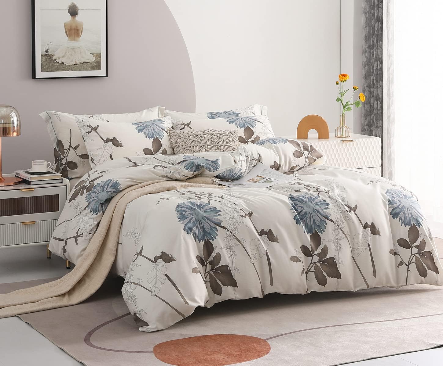 SLEEPBELLA Duvet Cover Queen Size, 600 Thread Count Cotton Botanical Flowers Pattern Printed Reversible Comforter Cover