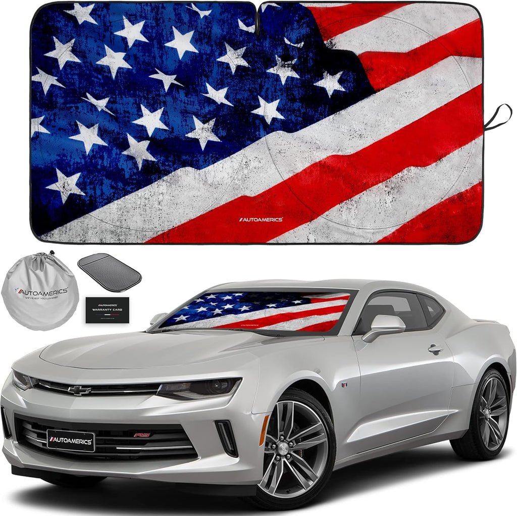 Autoamerics 1-Piece Windshield Sun Shade Grunge American Flag - 4 USA  - Foldable Car Front Window Sunshade for Most Sedans SUV Truck - Blocks Max UV Rays and Keeps Your Vehicle Cool - Small