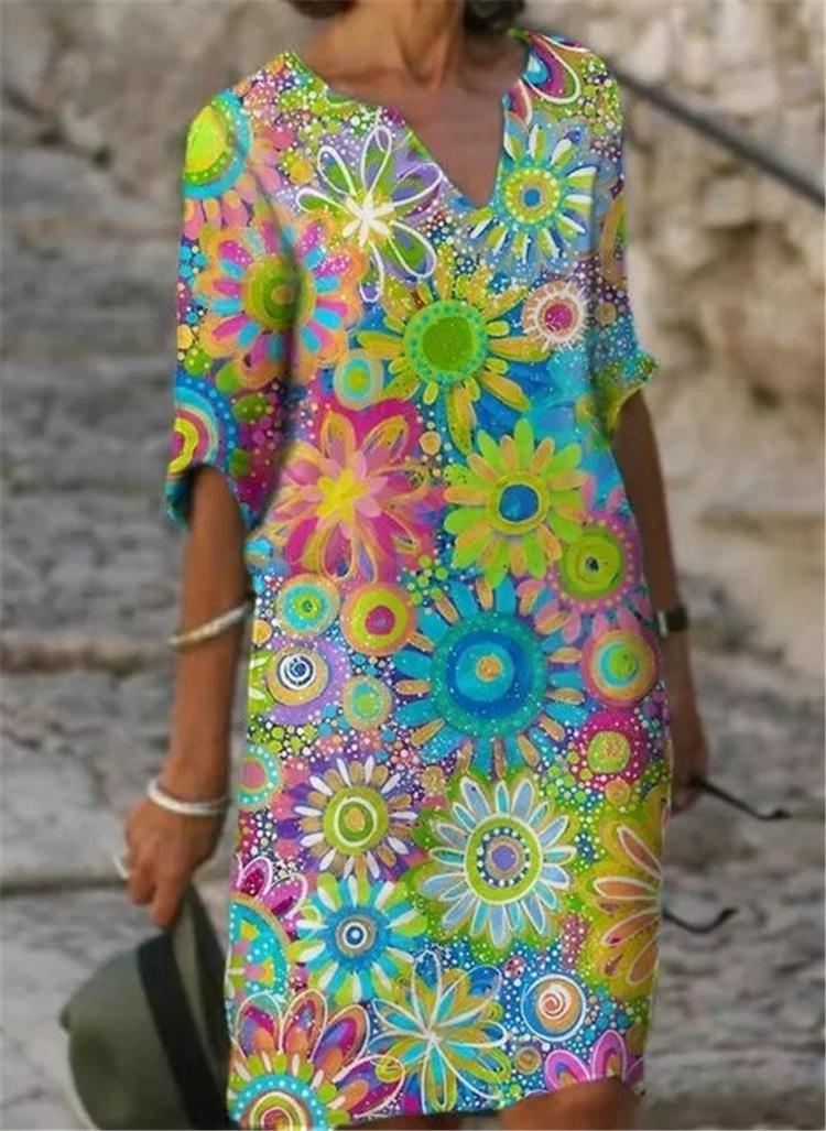 2021  color matching printed patchwork v-neck loose bamboo retro literary round neck five-point sleeve plus size dress