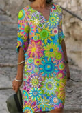 2021  color matching printed patchwork v-neck loose bamboo retro literary round neck five-point sleeve plus size dress