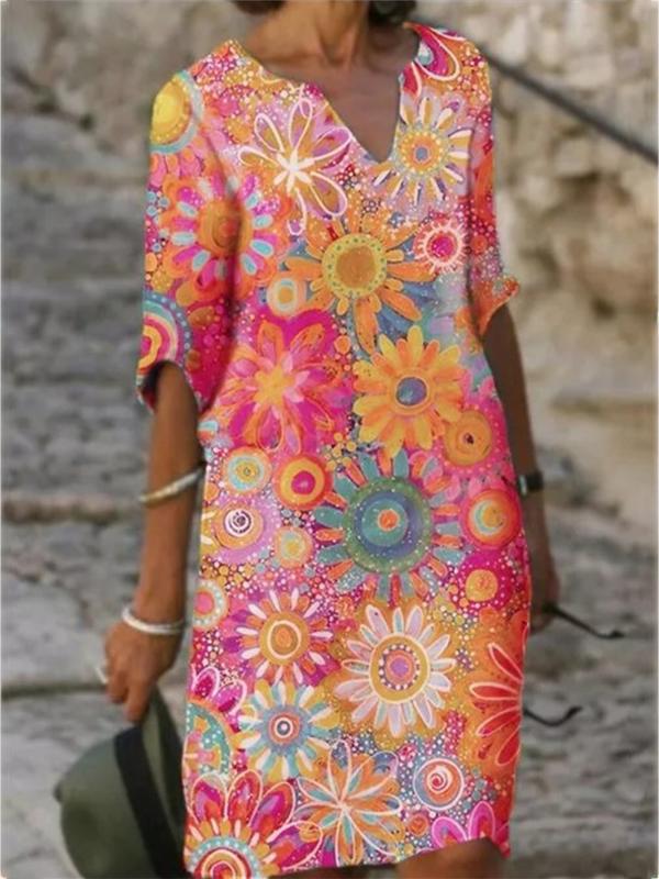 2021  color matching printed patchwork v-neck loose bamboo retro literary round neck five-point sleeve plus size dress