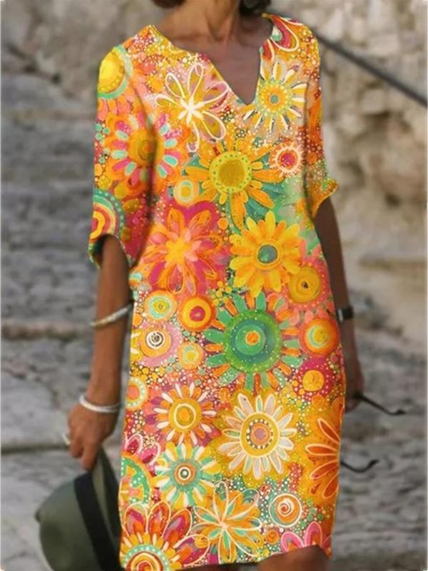2021  color matching printed patchwork v-neck loose bamboo retro literary round neck five-point sleeve plus size dress