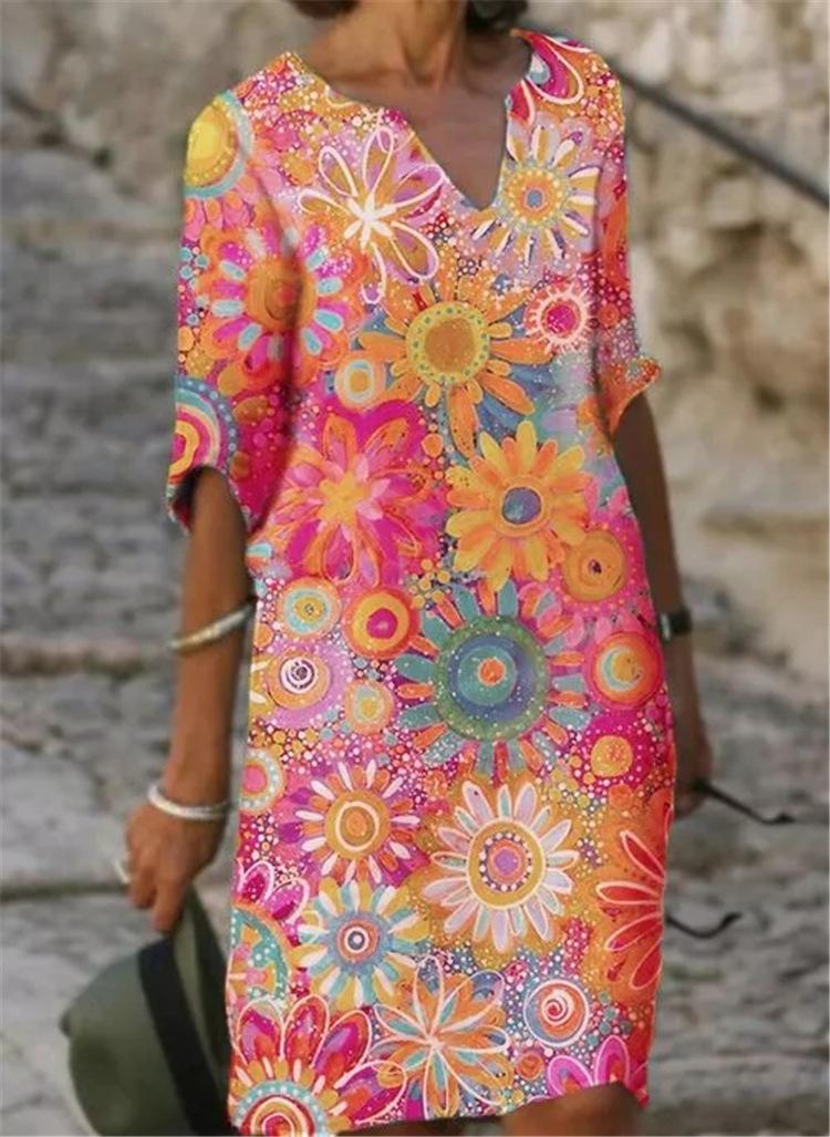 2021  color matching printed patchwork v-neck loose bamboo retro literary round neck five-point sleeve plus size dress