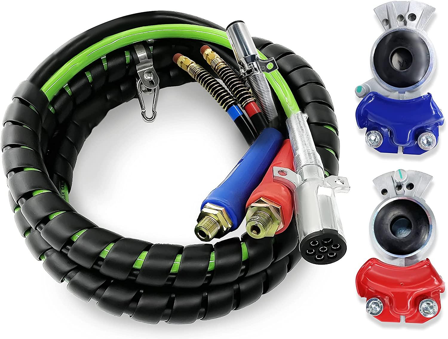 TORQUE 12ft 3 in 1 ABS & Air Power Line Hose Kit Airline Air Hose with Glad Hands Wrap 7 Way Electrical Cable with Handle Grip & Gladhands for Semi Truck Trailer Tractor (TR813212)