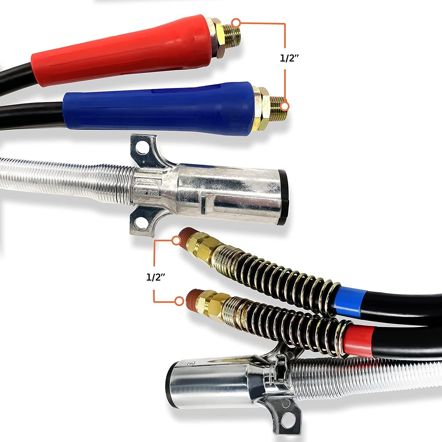TORQUE 12ft 3 in 1 ABS & Air Power Line Hose Kit Airline Air Hose with Glad Hands Wrap 7 Way Electrical Cable with Handle Grip & Gladhands for Semi Truck Trailer Tractor (TR813212)