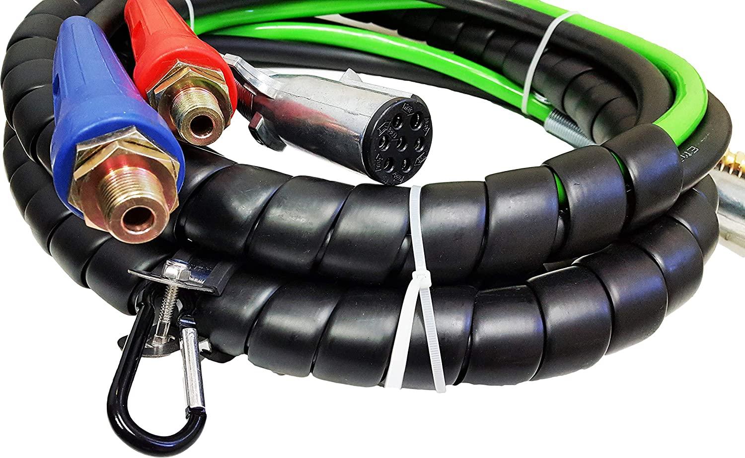TORQUE 12ft 3 in 1 ABS & Air Power Line Hose Kit Airline Air Hose with Glad Hands Wrap 7 Way Electrical Cable with Handle Grip & Gladhands for Semi Truck Trailer Tractor (TR813212)