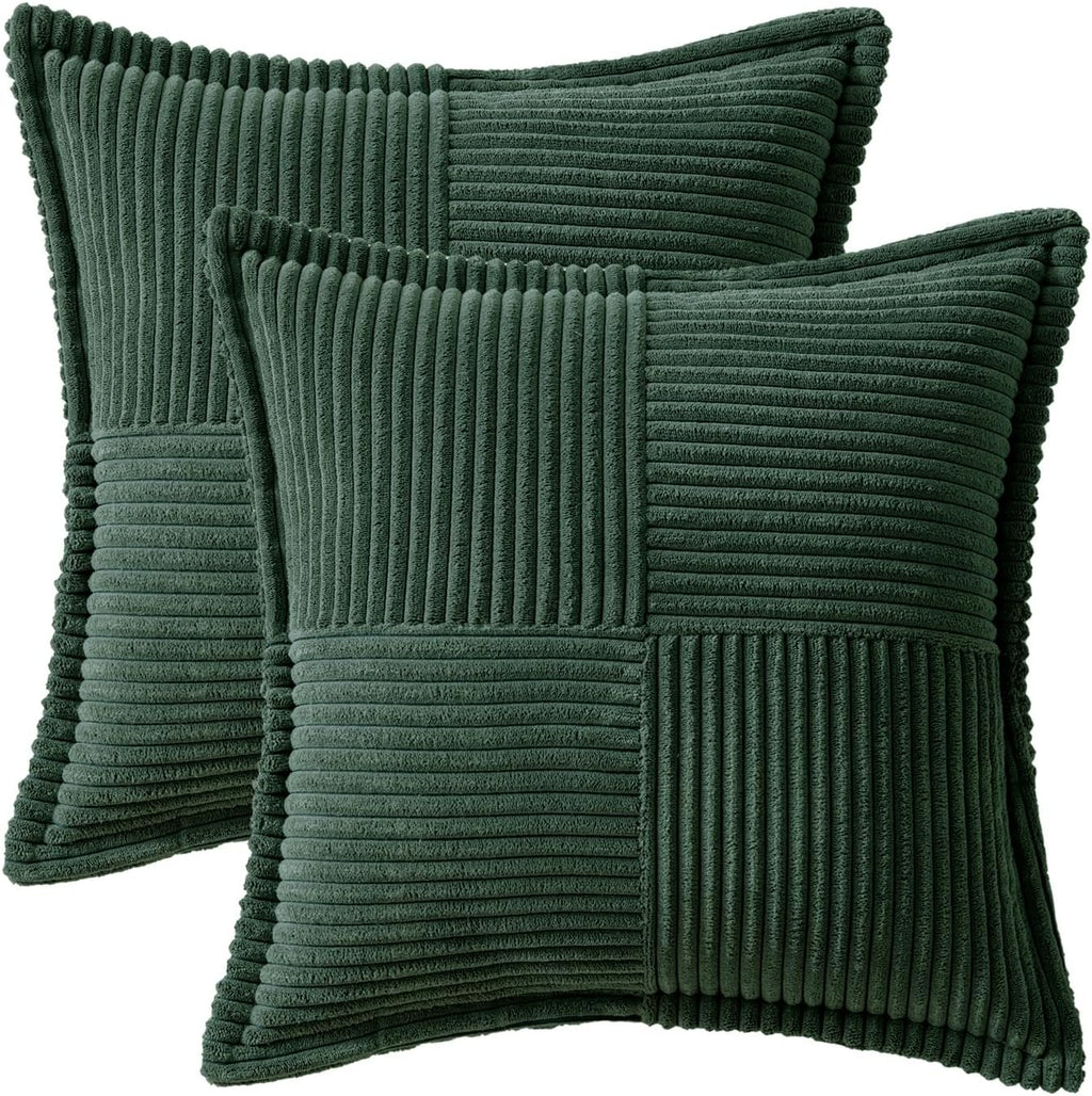 MIULEE Dark Green Corduroy Pillow Covers with Splicing Set of 2 Super Soft Boho Striped Pillow Covers Broadside Decorative Textured Throw Pillows for Christmas Couch Cushion Livingroom 18x18 inch