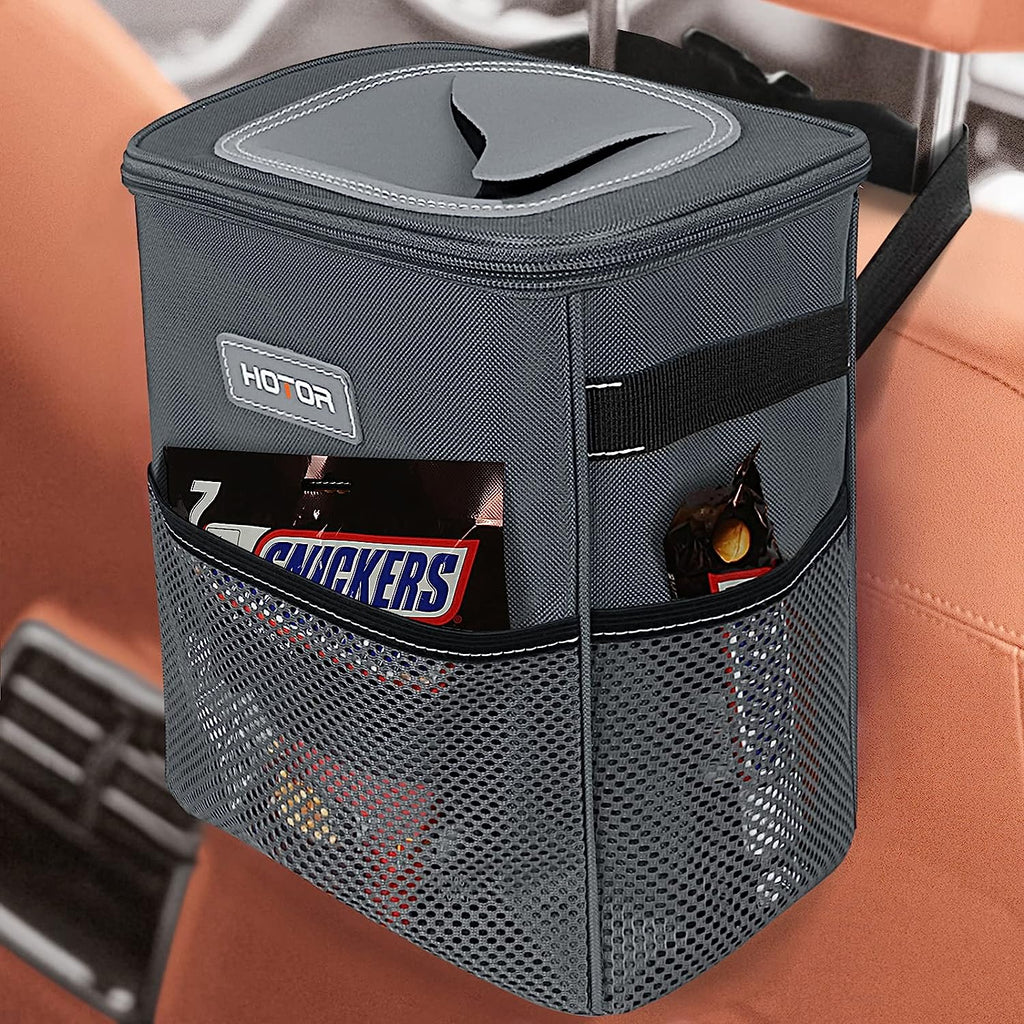 HOTOR Car Trash Can, Multifunctional Car Accessory for Interior Car Stuff Storage with Compact Design, Waterproof Car Organizer and Storage with Adjustable Straps, Magnetic Snaps (Gray)