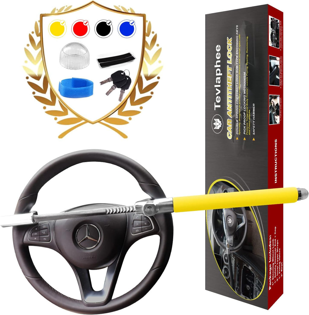 Tevlaphee Steering Wheel Lock Anti Theft Car Device Universal Car Theft Prevention Car Lock Adjustable Double Hook Emergency Hammer Window Breaker Self Defense Heavy Duty Secure (Yellow)