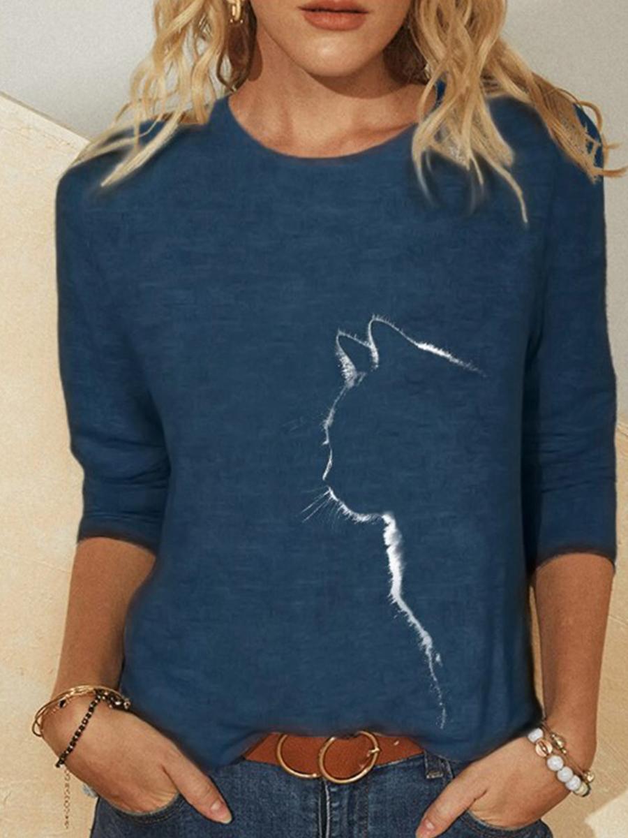 Round Neck Print Cat Print Long Sleeve T-shirt