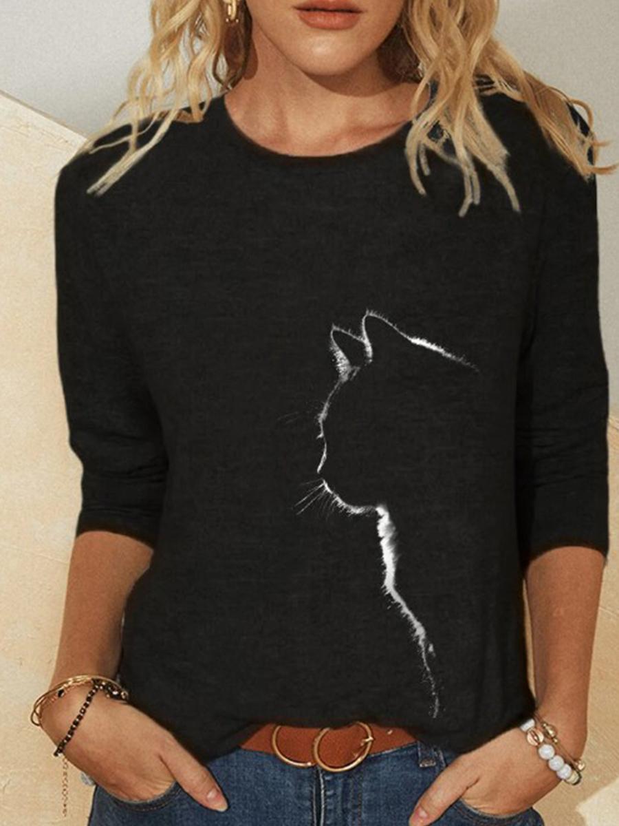 Round Neck Print Cat Print Long Sleeve T-shirt