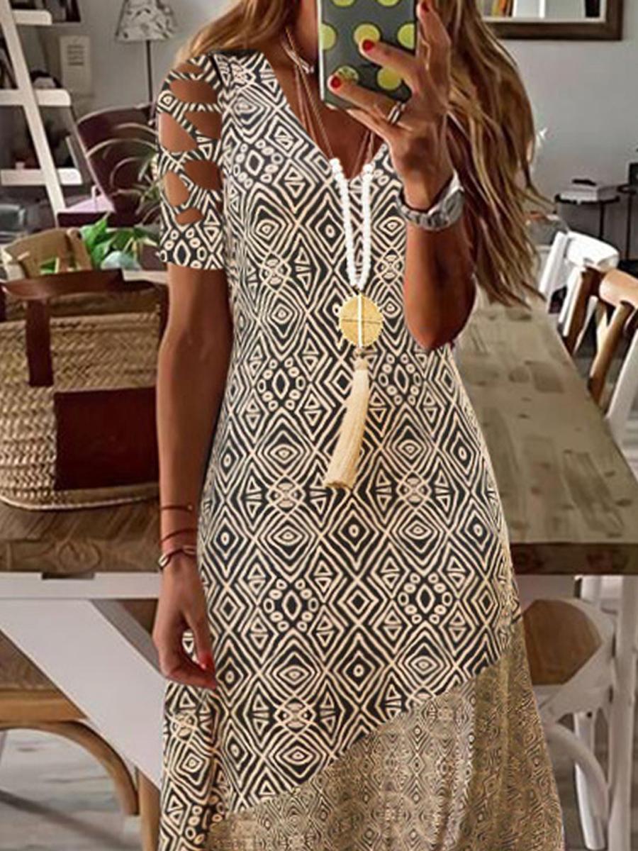 V-neck Retro Geometric Print Loose Short Sleevee Maxi Dress
