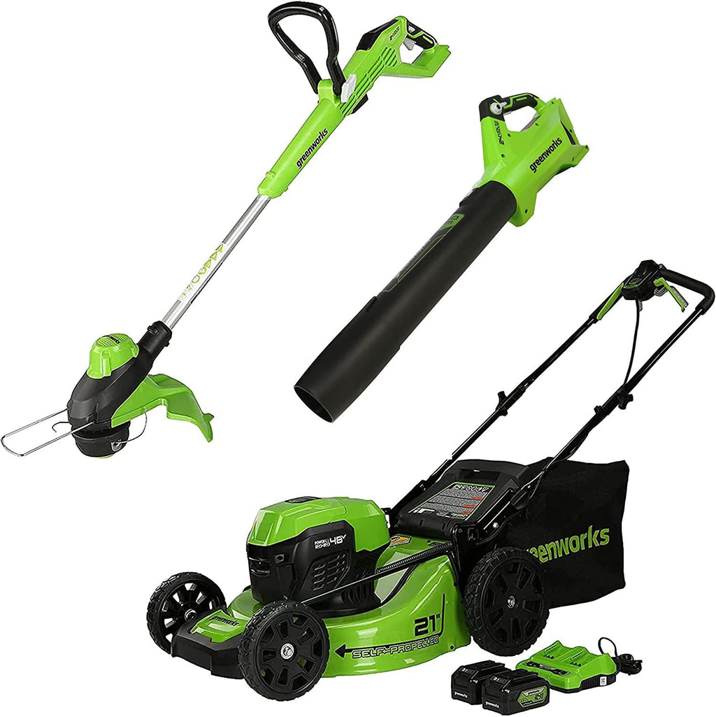 Greenworks 48V 21" Brushless Cordless Self-Propelled Electric Lawn Mower, Leaf Blower, String Trimmer, (2) 5.0Ah Batteries and Rapid Charger