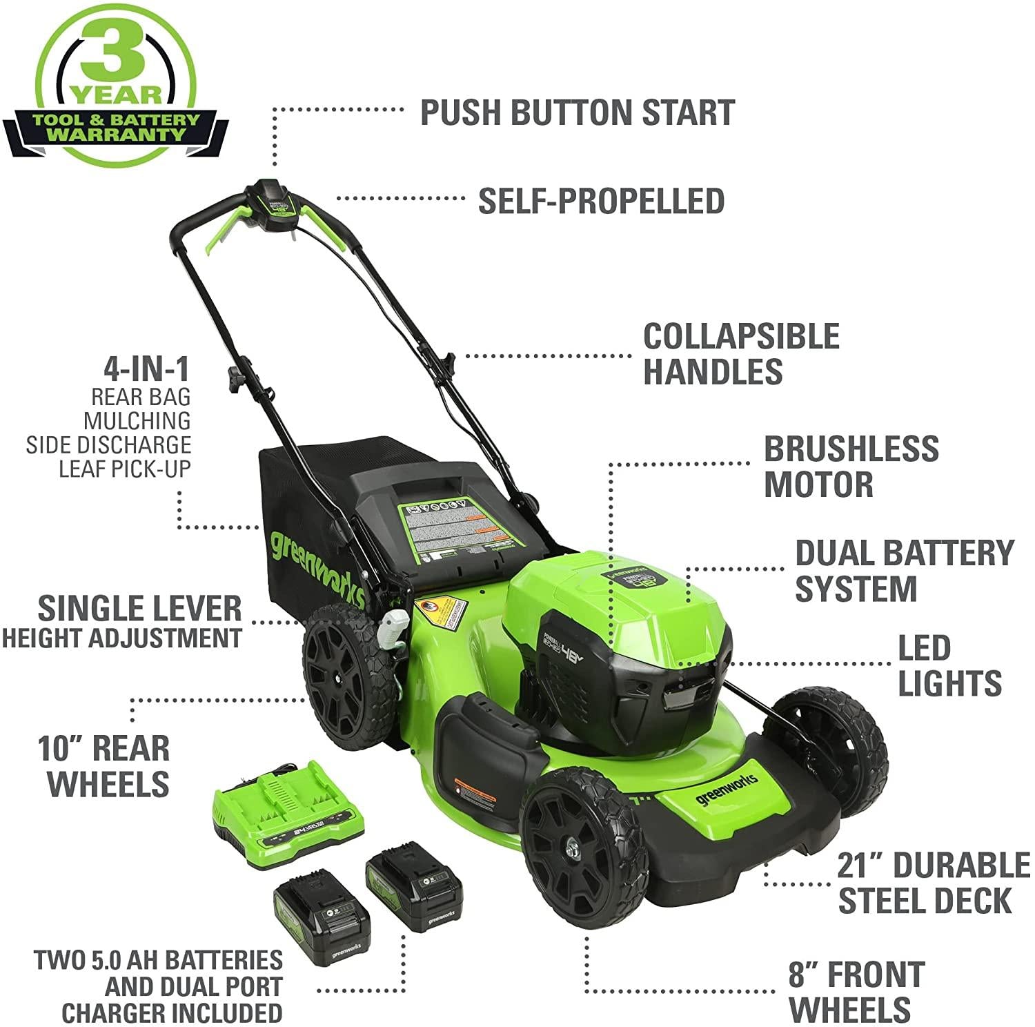 Greenworks 48V 21" Brushless Cordless Self-Propelled Electric Lawn Mower, Leaf Blower, String Trimmer, (2) 5.0Ah Batteries and Rapid Charger