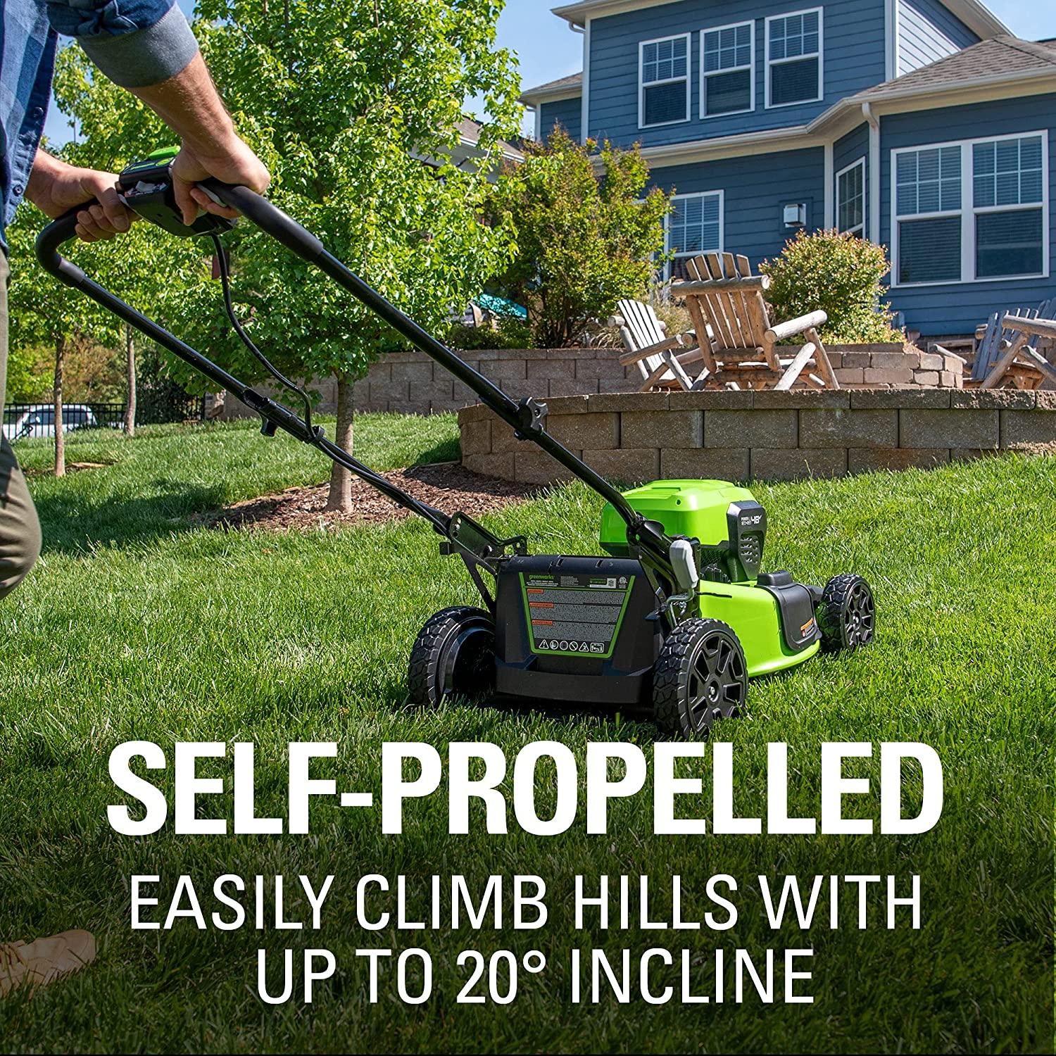 Greenworks 48V 21" Brushless Cordless Self-Propelled Electric Lawn Mower, Leaf Blower, String Trimmer, (2) 5.0Ah Batteries and Rapid Charger