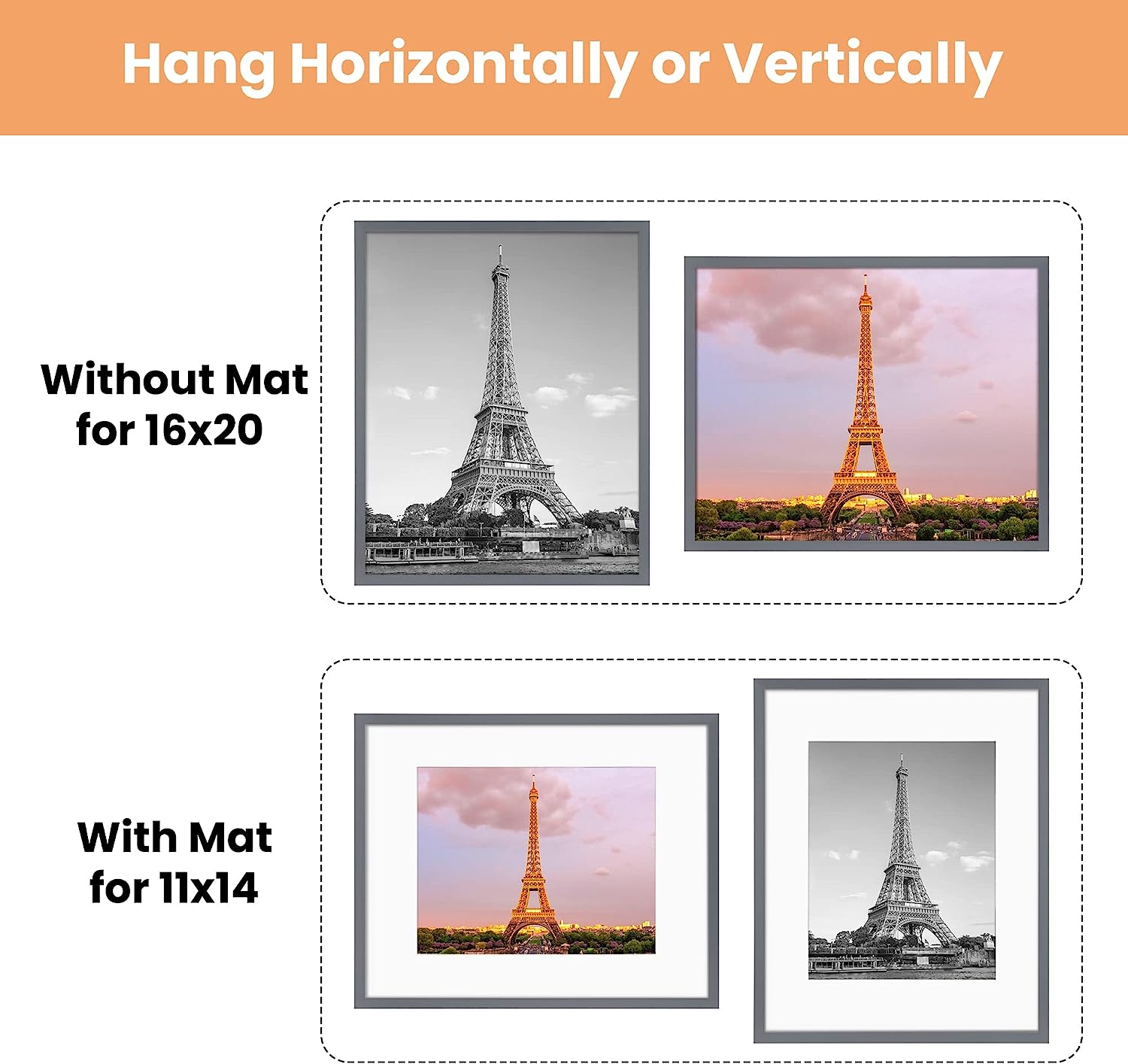 upsimples 16x20 Picture Frame Set of 5, Display Pictures 11x14 with Mat or 16x20 Without Mat, Wall Gallery Poster Frames, Dark Gray