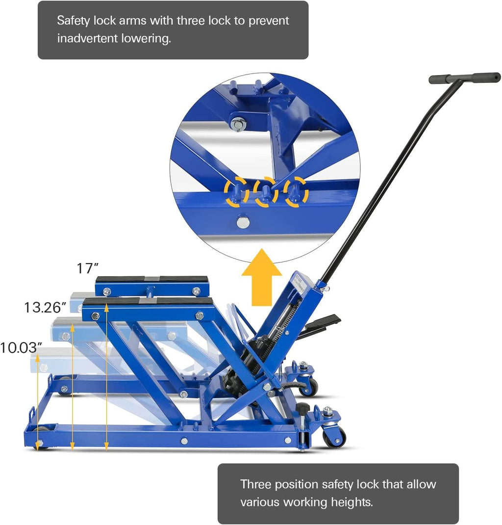 Motorcycle Lift, Heavy Duty Low Profile Hydraulic ATV Lift Jack with 1500 lb. Capacity, Steel
