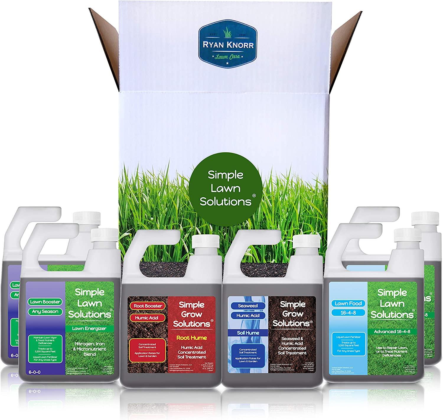 Simple Lawn Solutions - Ryan Knorr - Lawn Essentials Bundle Box - 6 Piece Set- Lawn Food 16-4-8 NPK, Lawn Energizer Booster, Root Hume- Humic Acid, Soil Hume- Seaweed, Humic Acid (32 Ounce Bundle)