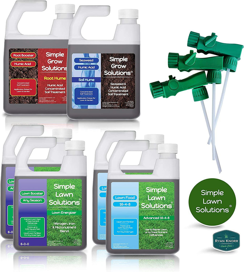 Simple Lawn Solutions - Ryan Knorr - Lawn Essentials Bundle Box - 6 Piece Set- Lawn Food 16-4-8 NPK, Lawn Energizer Booster, Root Hume- Humic Acid, Soil Hume- Seaweed, Humic Acid (32 Ounce Bundle)