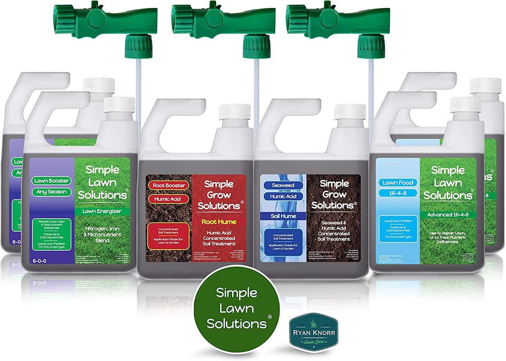 Simple Lawn Solutions - Ryan Knorr - Lawn Essentials Bundle Box - 6 Piece Set- Lawn Food 16-4-8 NPK, Lawn Energizer Booster, Root Hume- Humic Acid, Soil Hume- Seaweed, Humic Acid (32 Ounce Bundle)