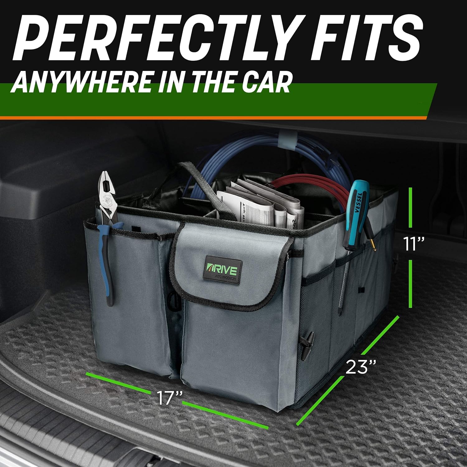 DRIVE AUTO PRODUCTS - Compact Car Trunk Organizer with Adjustable Straps, Tan