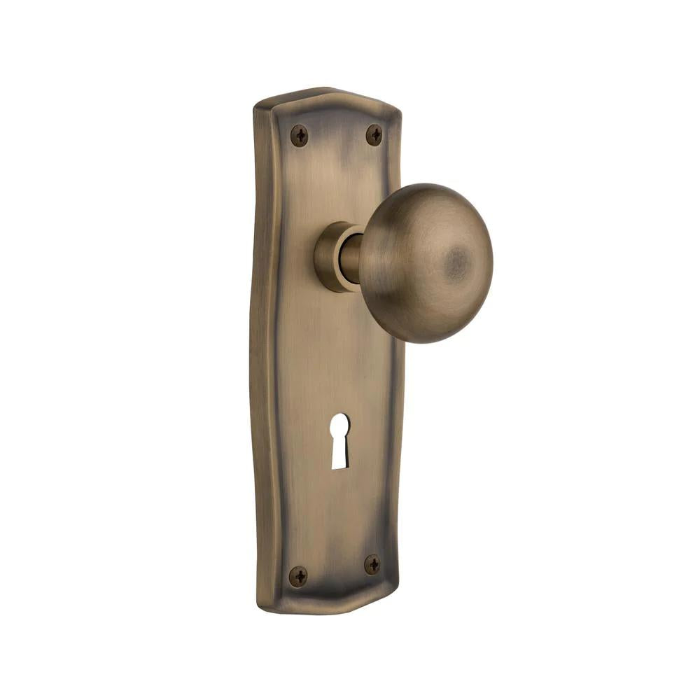 Prairie Plate Interior Mortise York Door Knob in Antique Brass
