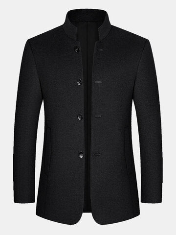 mens pure color stand collar single breasted warm woolen overcoats