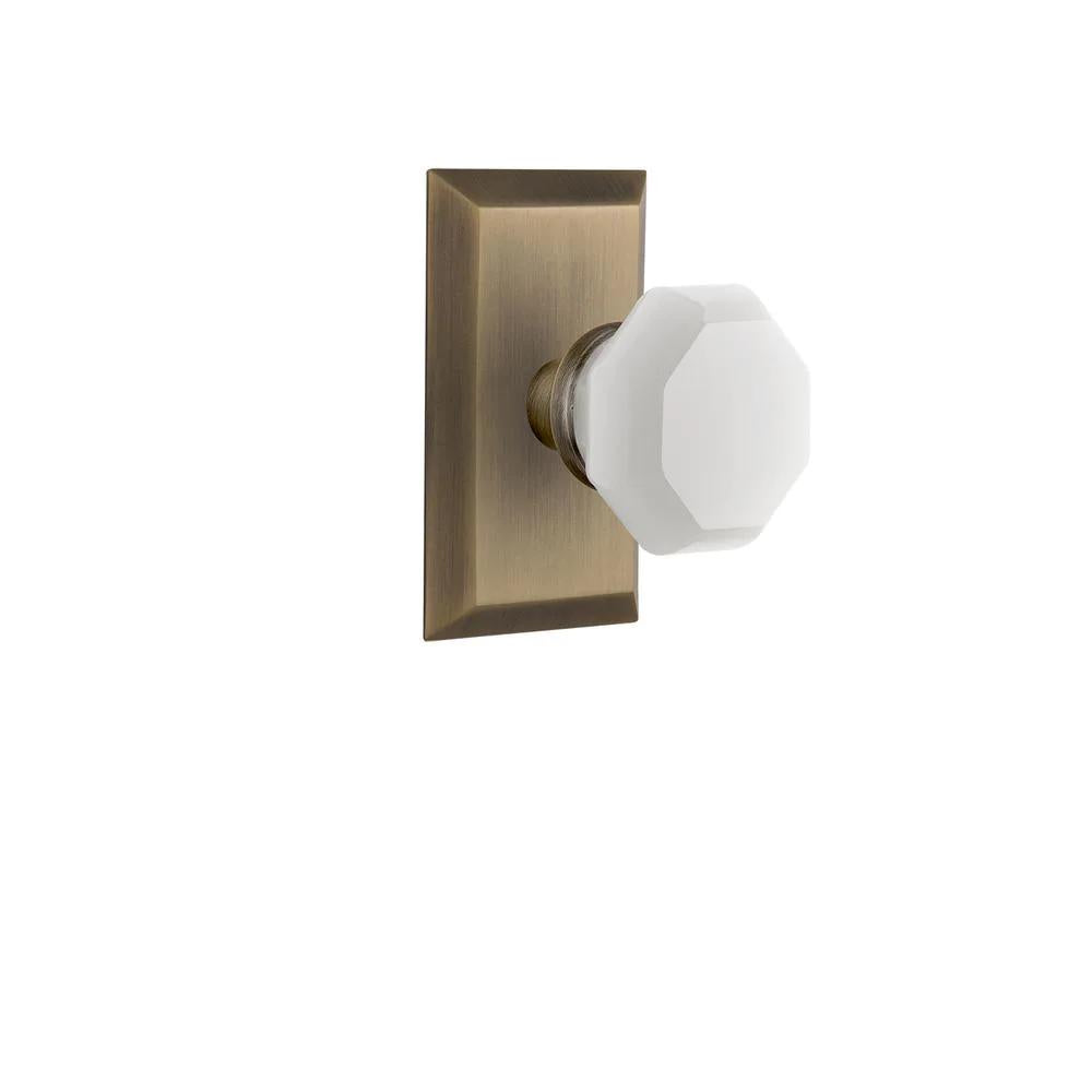 Studio Plate 2-3/8 in. Backset Antique Brass PassaHall/Closet Waldorf White Milk Glass Door Knob