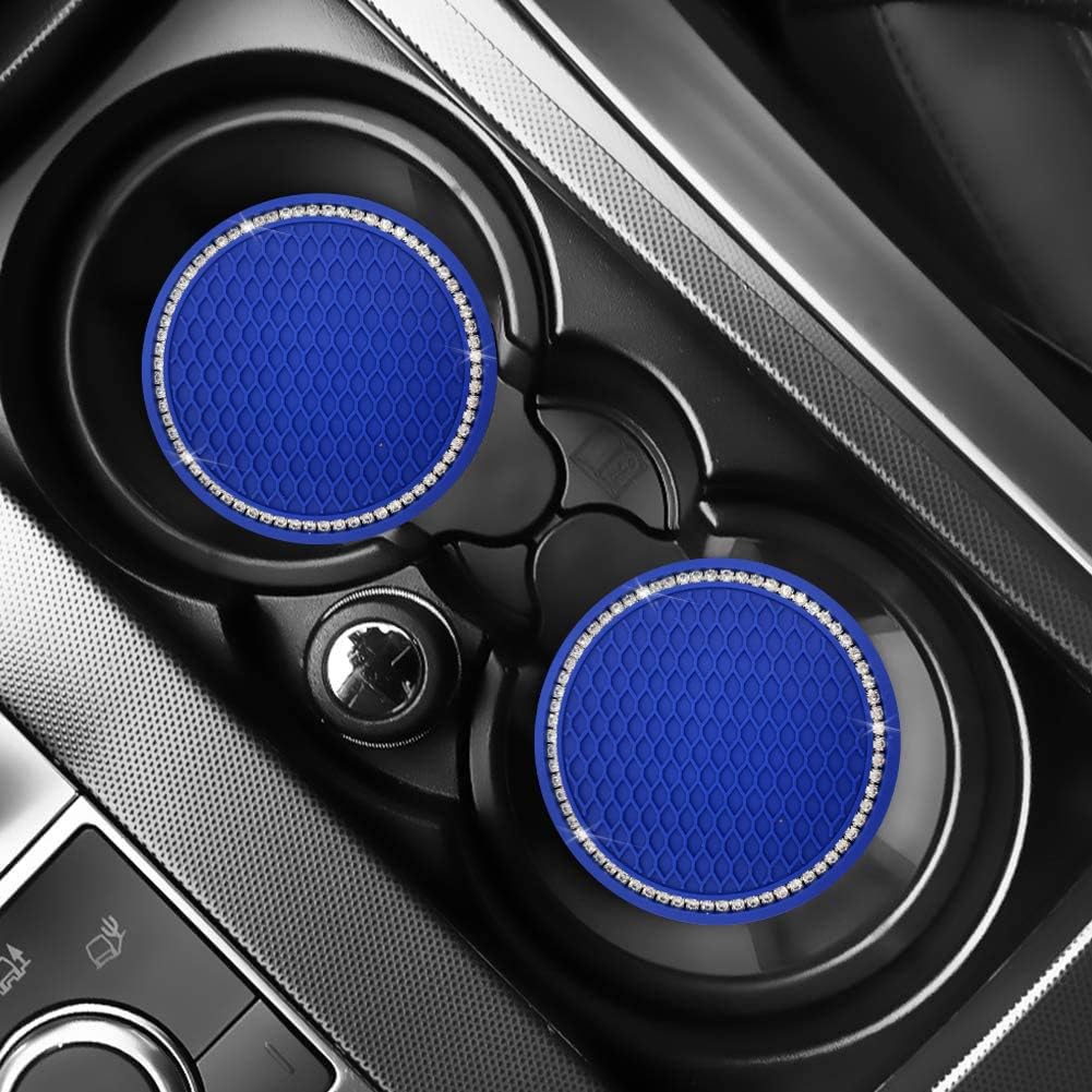 Universal Vehicle Bling Travel Auto Cup Holder Insert Coasters,2.75 Inch Crystal Rhinestone Car Interior Accessories Durable Anti Slip Silicone Car Coasters (Pack of 2) (Blue)