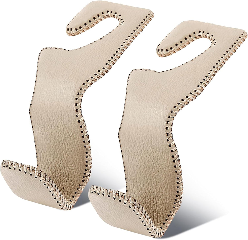 EldHus Seat Hooks for Purses and Bags, 2 Pack Car Purse Holder for Grocery Bag Handbag Clothes, Metal Headrest Hooks Covered by Leather, Beige