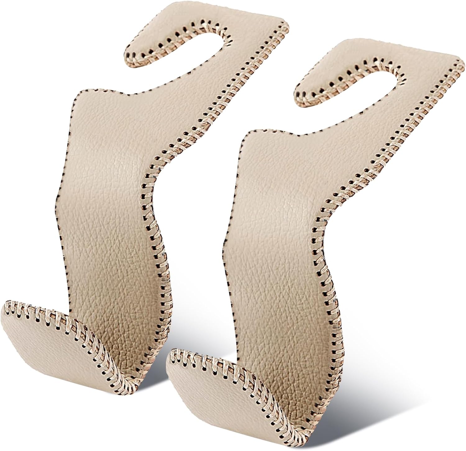 EldHus Seat Hooks for Purses and Bags, 2 Pack Car Purse Holder for Grocery Bag Handbag Clothes, Metal Headrest Hooks Covered by Leather, Beige