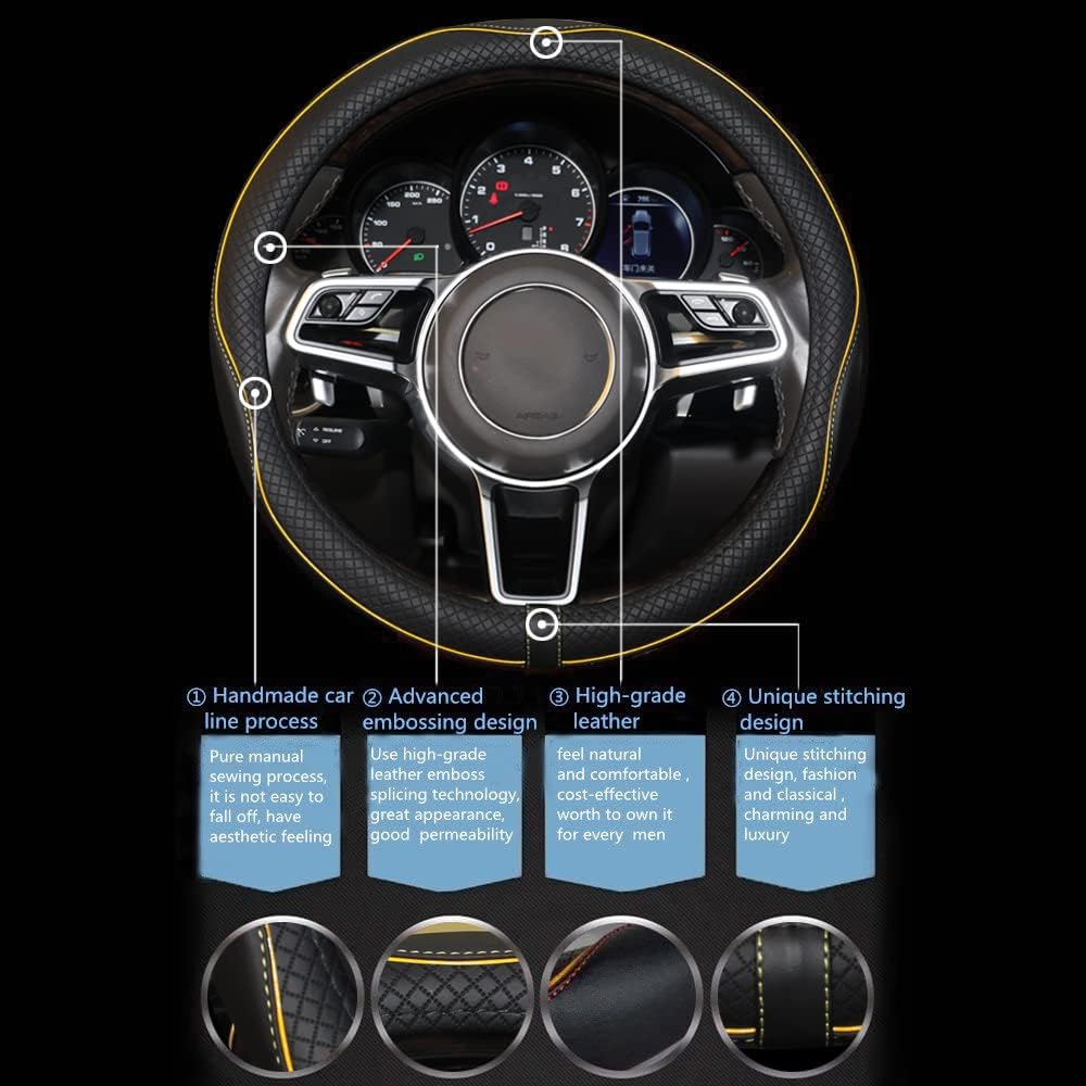 Gomass Car Steering Wheel Cover, Anti-Slip, Safety, Soft, Breathable, Heavy Duty, Thick, Full Surround, Sports Style (Black with Yellow Line)