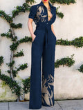 Fashion Color BlockLeaf Print Button-up Jumpsuit Women