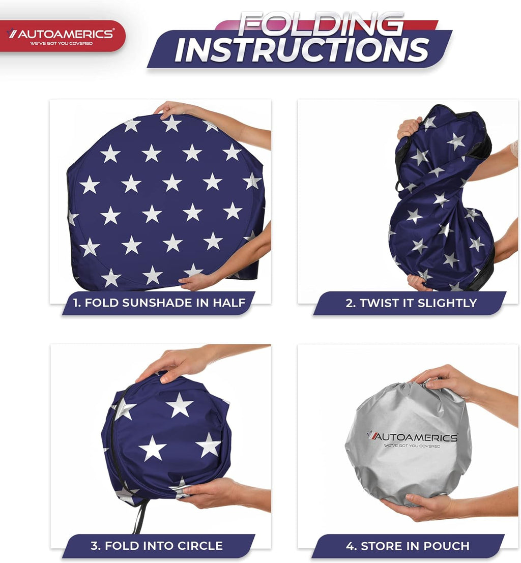 Autoamerics 1-Piece Windshield Sun Shade American Stars Flag USA Patriotic  - Foldable Car Front Window Sunshade for Sedans SUV Truck - Blocks Max UV Rays and Keeps Your Vehicle Cool - Medium