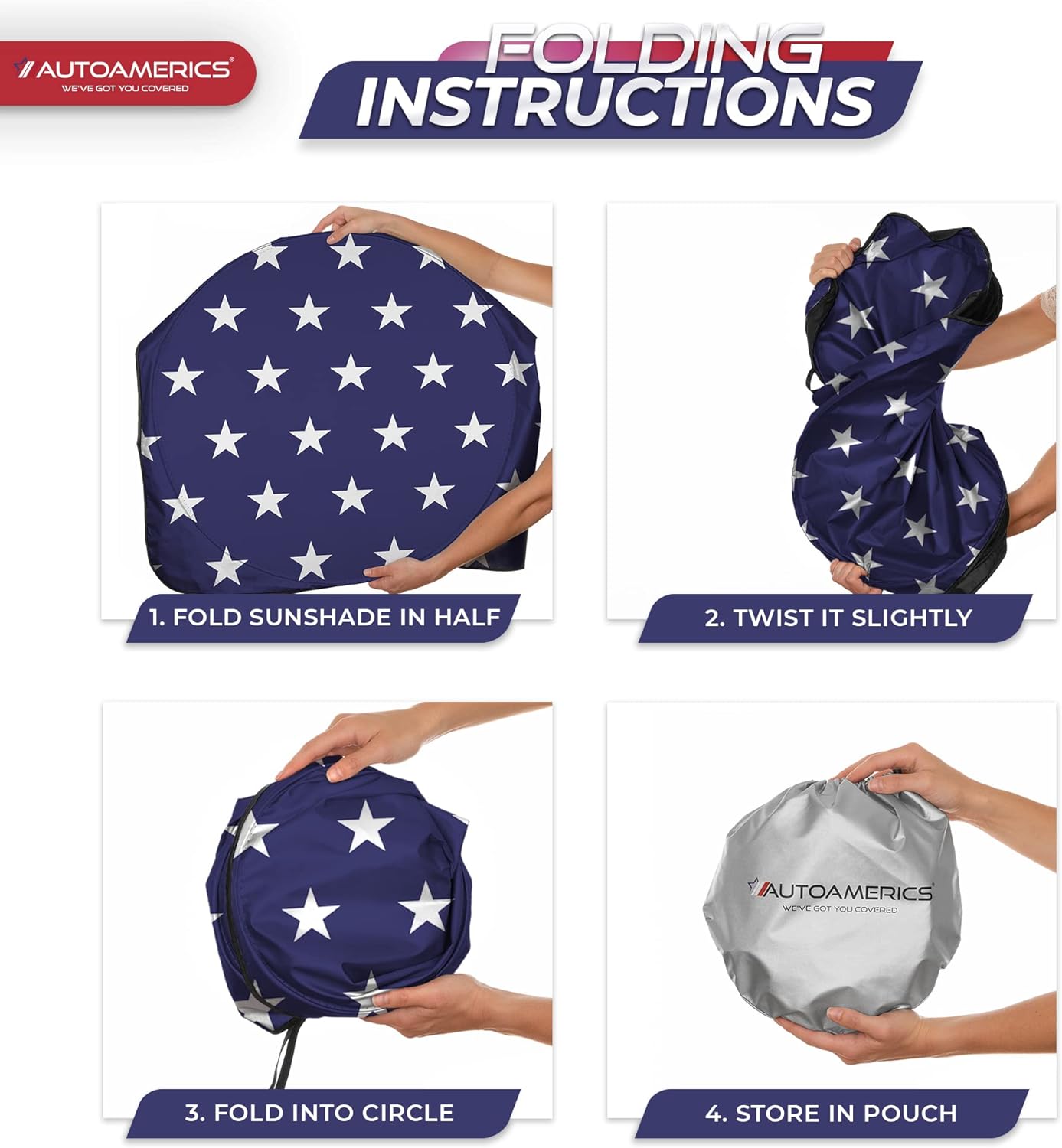 Autoamerics 1-Piece Windshield Sun Shade American Stars Flag USA Patriotic  - Foldable Car Front Window Sunshade for Sedans SUV Truck - Blocks Max UV Rays and Keeps Your Vehicle Cool - Medium