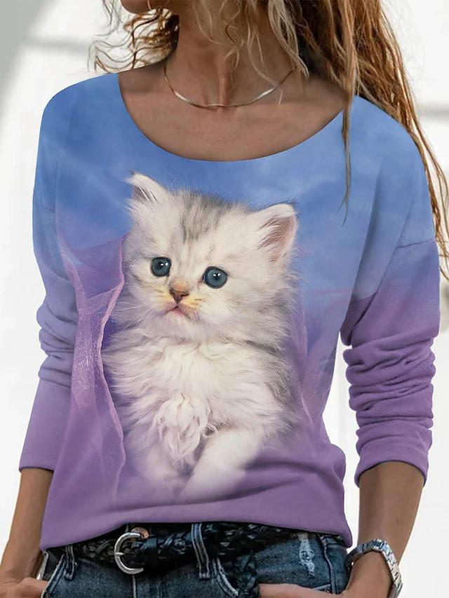 Fashion Casual Cat Print Long-sleeved T-shirt