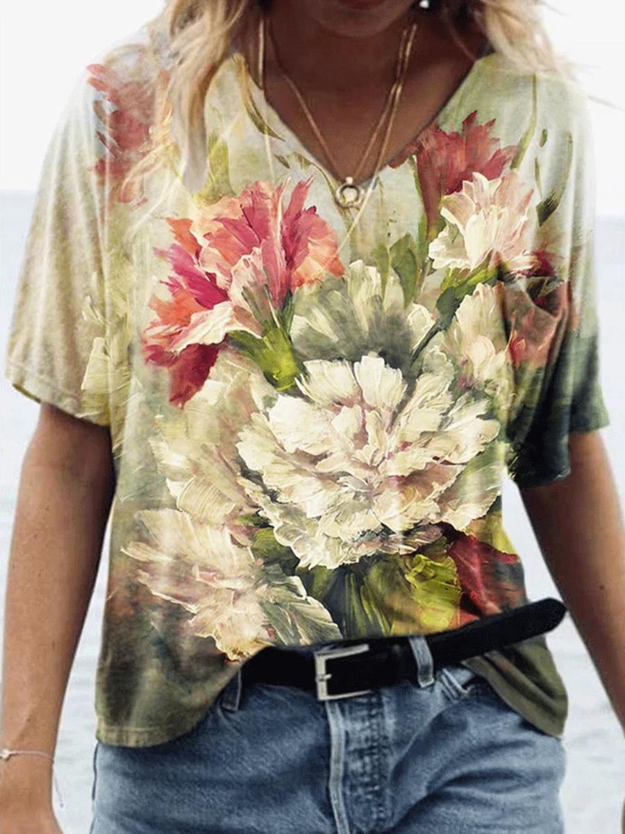 Flower Print V-neck Short-sleeved Loose T-shirt